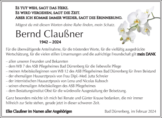 Traueranzeige von Bernd Claußner von Trauerkombi Merseburg