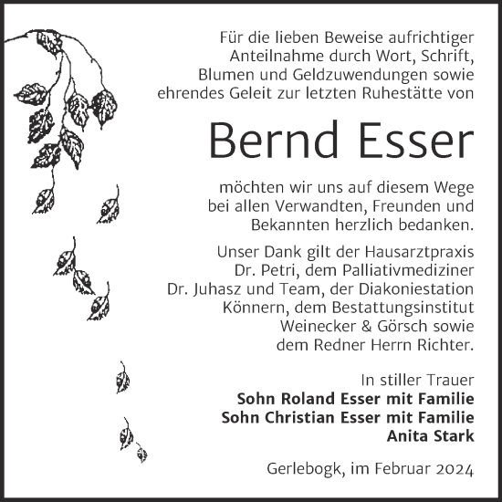 Traueranzeige von Bernd Esser von Trauerkombi Bernburg