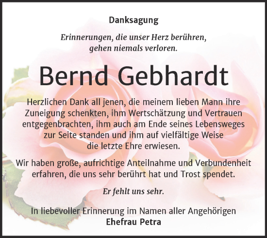 Traueranzeige von Bernd Gebhardt von Trauerkombi Aschersleben