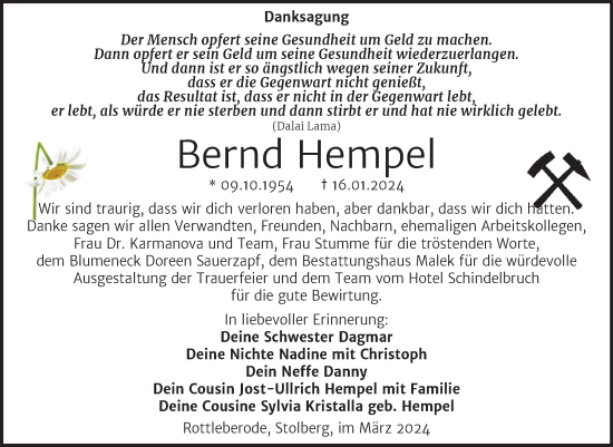 Traueranzeige von Bernd Hempel von Trauerkombi Sangerhausen