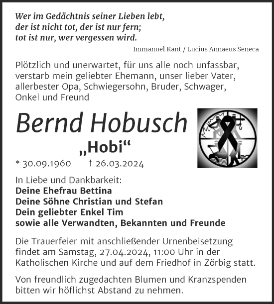 Traueranzeige von Bernd Hobusch von Trauerkombi Bitterfeld