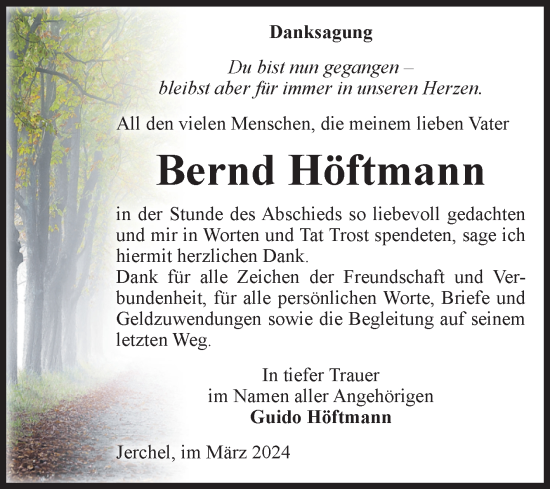 Traueranzeige von Bernd Höftmann von Volksstimme Altmark Ost