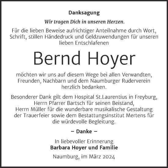 Traueranzeige von Bernd Hoyer von Super Sonntag Naumburg/Nebra