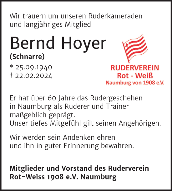 Traueranzeige von Bernd Hoyer von Naumburger Tageblatt