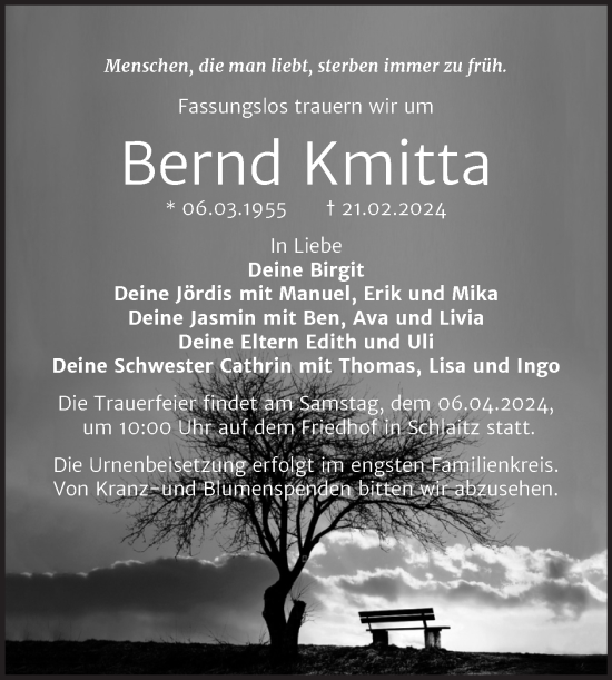 Traueranzeige von Bernd Kmitta von Trauerkombi Bitterfeld