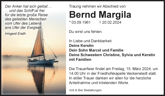 Traueranzeige von Bernd Margila von Volksstimme Wernigerode