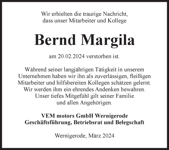 Traueranzeige von Bernd Margila von Volksstimme Wernigerode