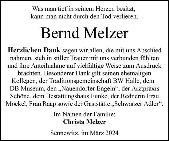 Traueranzeige von Bernd Melzer von Mitteldeutsche Zeitung Halle/Saalkreis