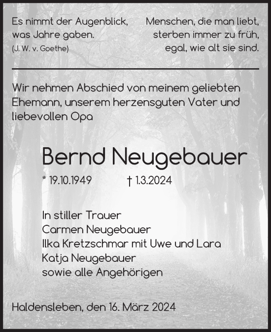 Traueranzeige von Bernd Neugebauer von Volksstimme Haldensleben/Wolmirstedt