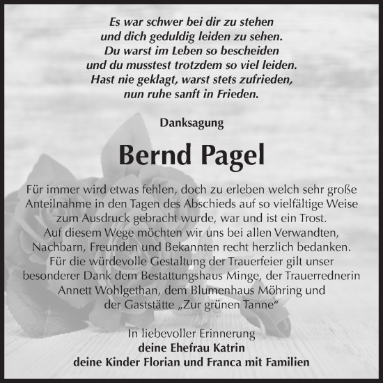Traueranzeige von Bernd Pagel von Volksstimme Burg/Genthin