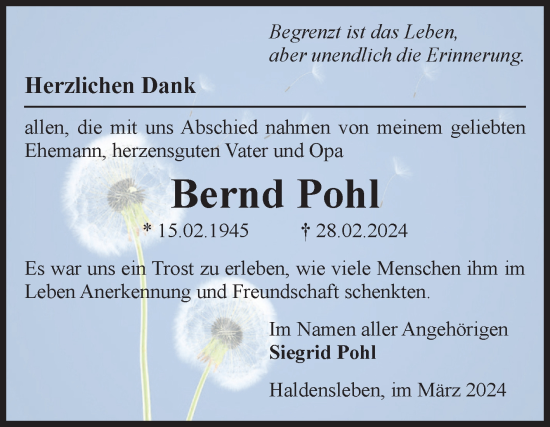 Traueranzeige von Bernd Pohl von Volksstimme Haldensleben/Wolmirstedt
