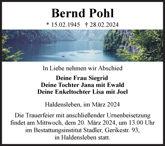 Traueranzeige von Bernd Pohl von Volksstimme Haldensleben/Wolmirstedt