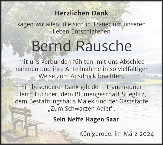 Traueranzeige von Bernd Rausche von Trauerkombi Quedlinburg