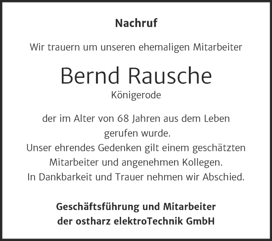 Traueranzeige von Bernd Rausche von Super Sonntag Quedlingburg