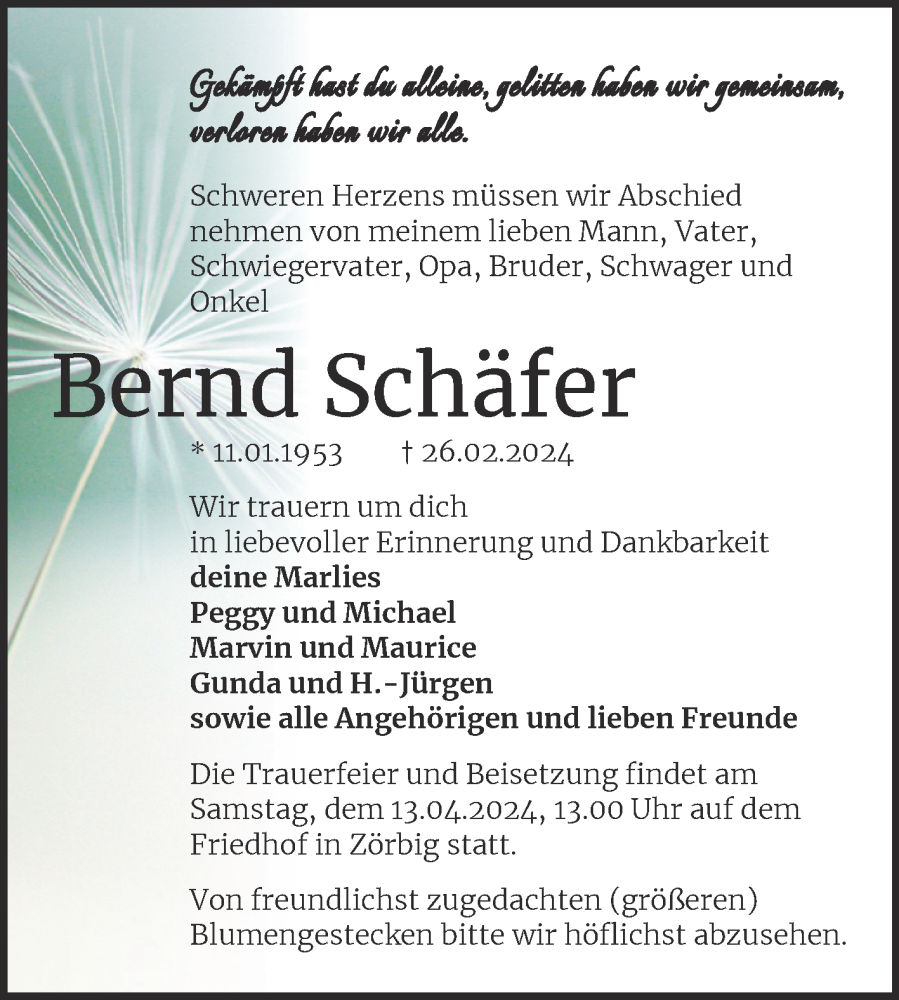  Traueranzeige für Bernd Schäfer vom 02.03.2024 aus Trauerkombi Bitterfeld