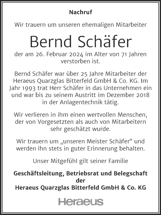 Traueranzeige von Bernd Schäfer von Mitteldeutsche Zeitung Bitterfeld