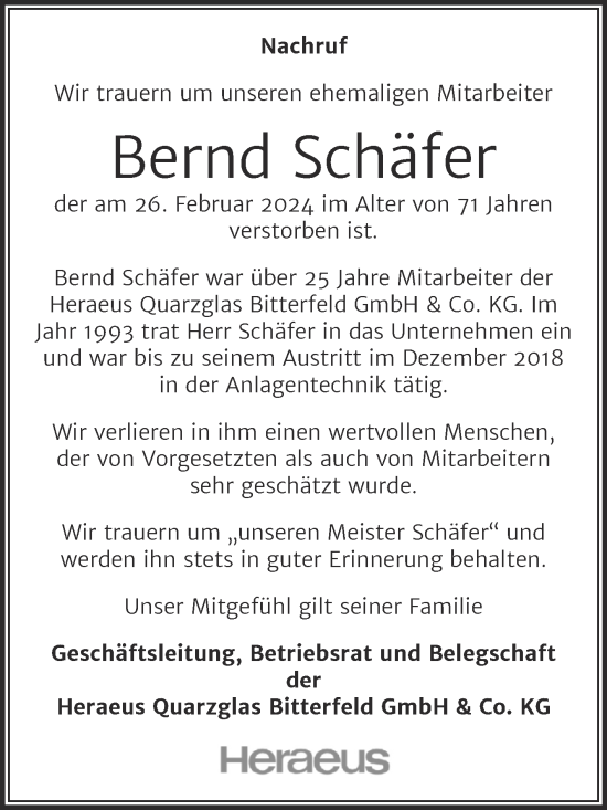 Traueranzeige von Bernd Schäfer von SuperSonntag Bitterfeld