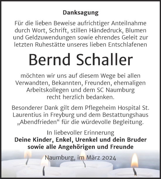 Traueranzeige von Bernd Schaller von Naumburger Tageblatt