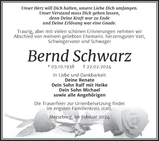 Traueranzeige von Bernd Schwarz von Trauerkombi Merseburg