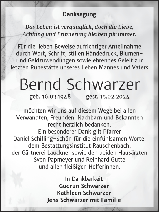 Traueranzeige von Bernd Schwarzer von Super Sonntag Naumburg/Nebra