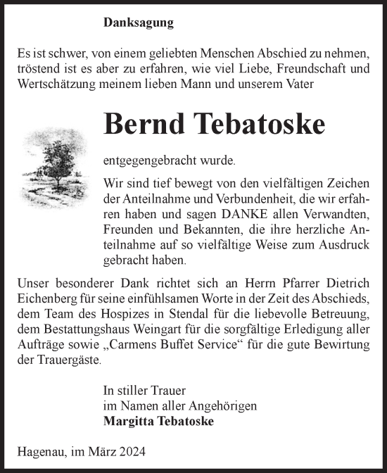 Traueranzeige von Bernd Tebatoske von Volksstimme Altmark West