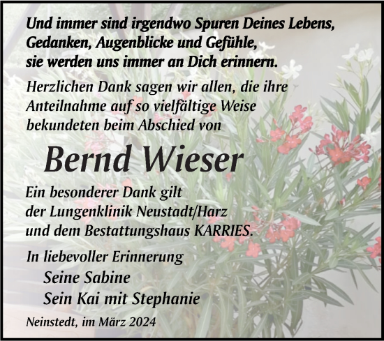 Traueranzeige von Bernd Wieser von Trauerkombi Quedlinburg