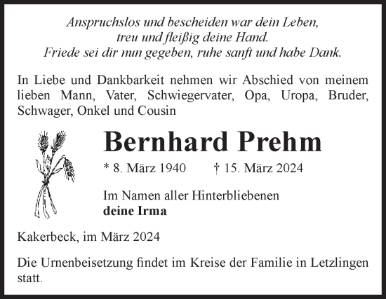 Traueranzeige von Bernhard Prehm von Volksstimme Altmark West