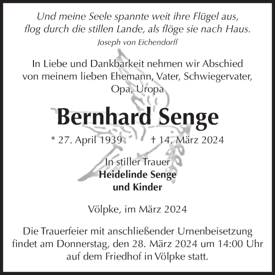 Traueranzeige von Bernhard Senge von Volksstimme Oschersleben/Wanzleben