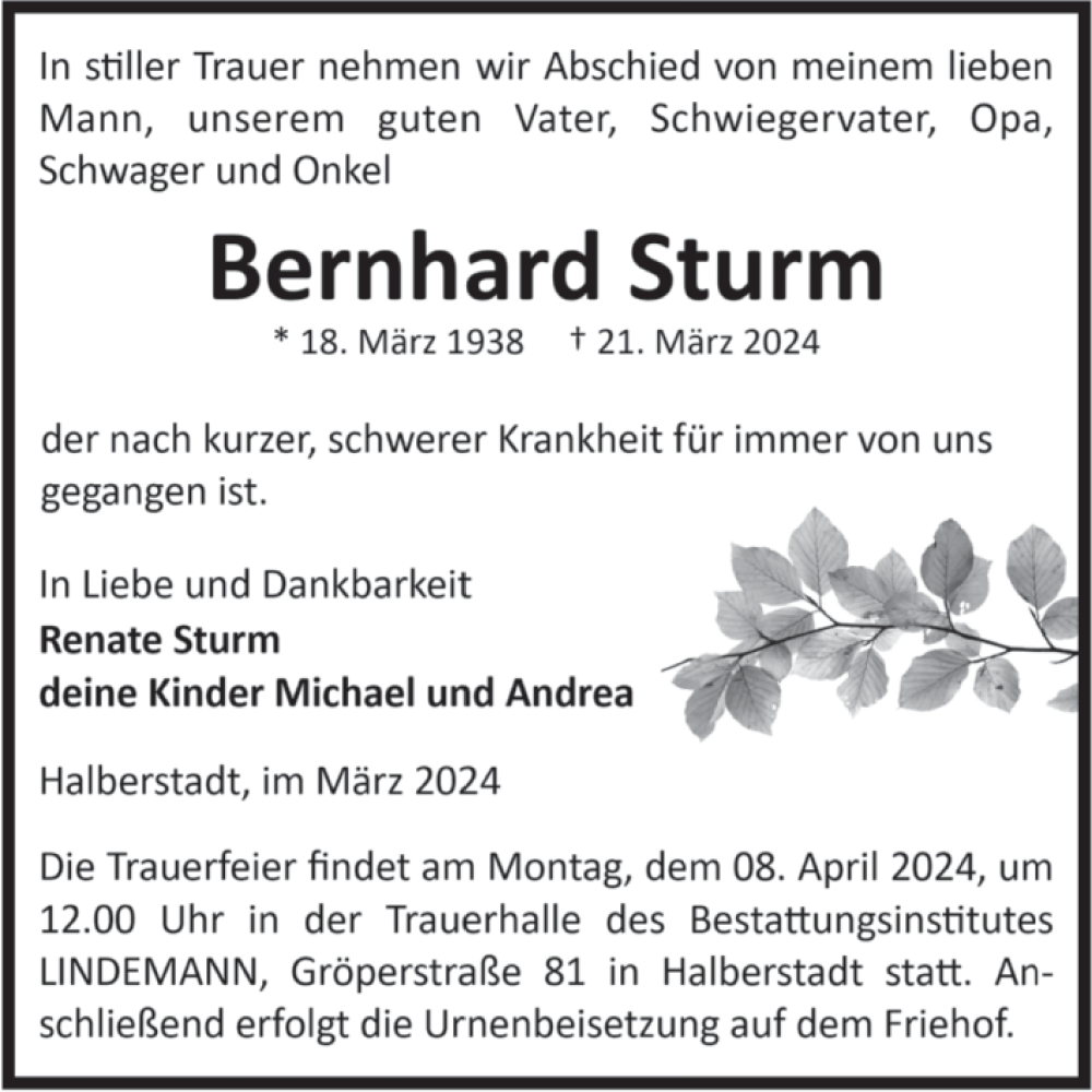  Traueranzeige für Bernhard Sturm vom 30.03.2024 aus Volksstimme Halberstadt
