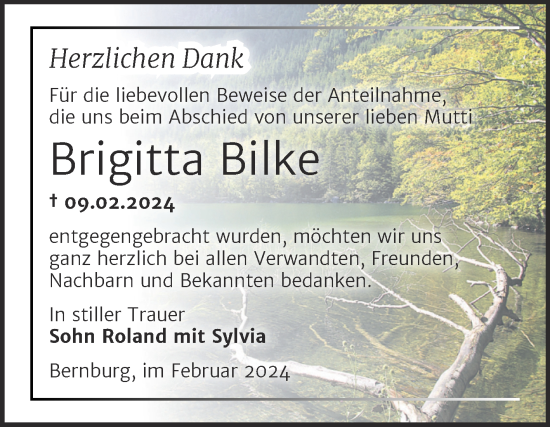 Traueranzeige von Brigitta Bilke von Trauerkombi Bernburg