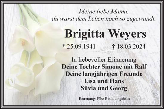 Traueranzeige von Brigitta Weyers von Volksstimme Magdeburg