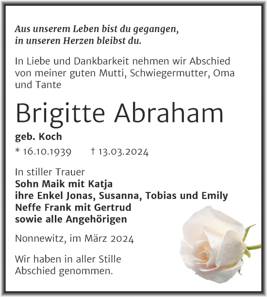 Traueranzeige von Brigitte Abraham von Trauerkombi Zeitz