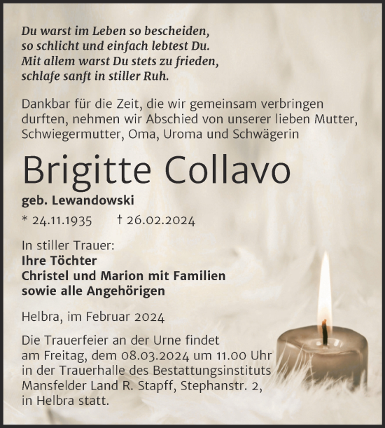 Traueranzeige von Brigitte Collavo von Mitteldeutsche Zeitung Mansfelder Land