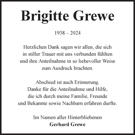 Traueranzeige von Brigitte Grewe von Volksstimme Burg/Genthin