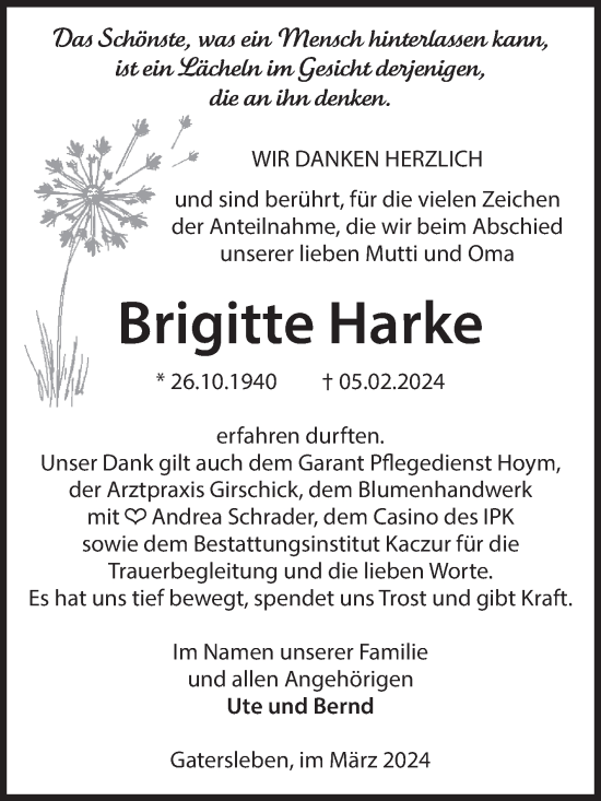 Traueranzeige von Brigitte Harke von Trauerkombi Aschersleben