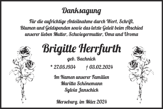 Traueranzeige von Brigitte Herrfurth von Trauerkombi Köthen