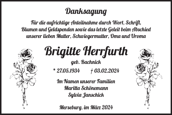 Traueranzeige von Brigitte Herrfurth von Trauerkombi Merseburg