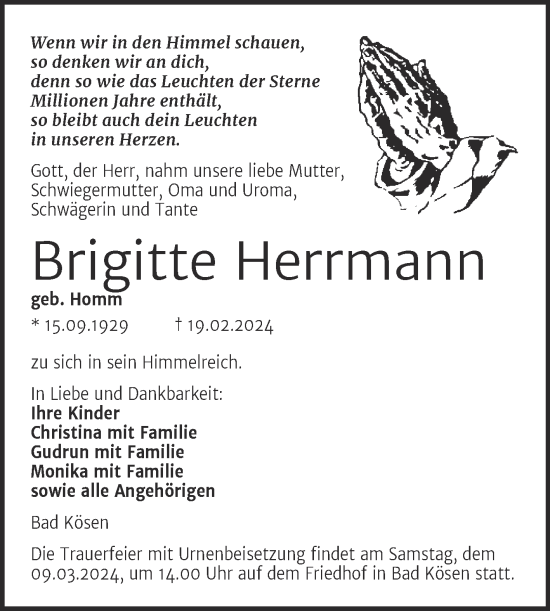 Traueranzeige von Brigitte Herrmann von Super Sonntag Naumburg/Nebra