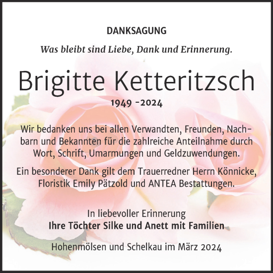 Traueranzeige von Brigitte Ketteritzsch von Trauerkombi Weißenfels