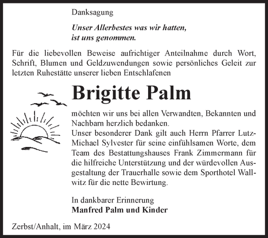 Traueranzeige von Brigitte Palm von Volksstimme Zerbst