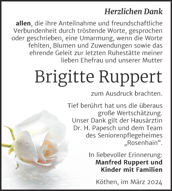 Traueranzeige von Brigitte Ruppert von Trauerkombi Köthen