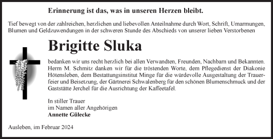 Traueranzeige von Brigitte Sluka von Volksstimme Oschersleben/Wanzleben