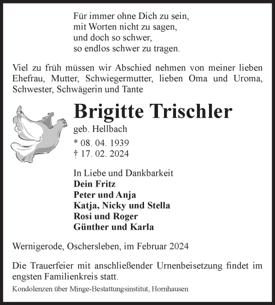 Traueranzeige von Brigitte Trischler von Volksstimme Wernigerode