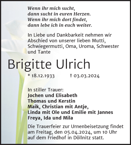 Traueranzeige von Brigitte Ulrich von Mitteldeutsche Zeitung Halle/Saalkreis