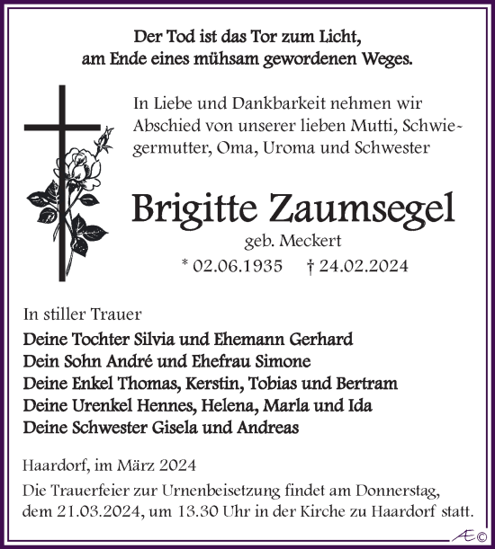 Traueranzeige von Brigitte Zaumsegel von Trauerkombi Zeitz