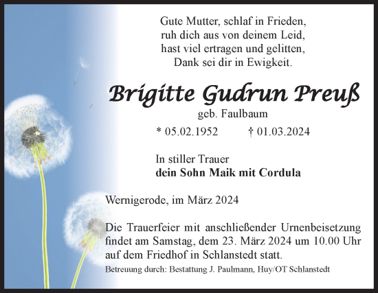 Traueranzeige von Brigitte Gudrun Preuß von Volksstimme Halberstadt