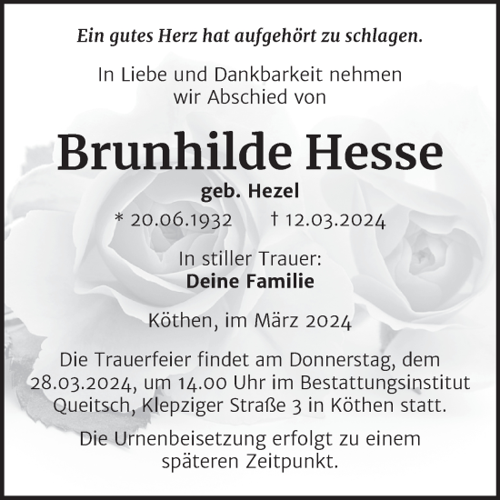 Traueranzeige von Brunhilde Hesse von Trauerkombi Köthen