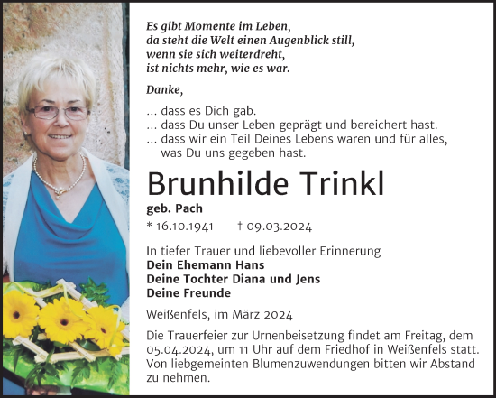 Traueranzeige von Brunhilde Trinkl von Trauerkombi Weißenfels