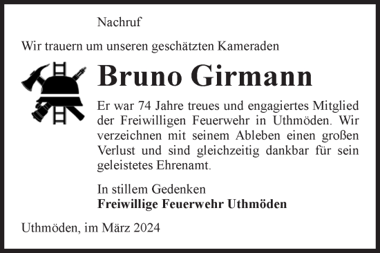 Traueranzeige von Bruno Girmann von Volksstimme Haldensleben/Wolmirstedt