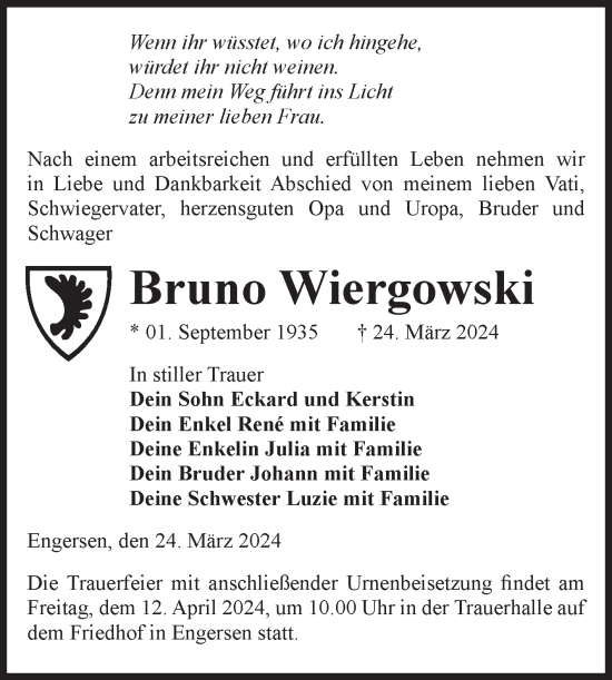 Traueranzeige von Bruno Wiergowski von Volksstimme Altmark West